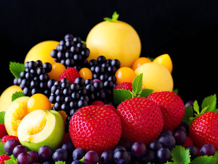 Close up of fresh fruits on black background. Healthy food concept.の素材