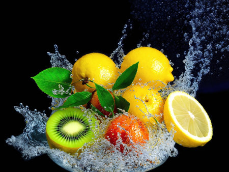 Fruit in water splash on black background. Healthy food concept.の素材