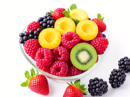Fruit salad with fresh berries and kiwi on white backgroundの素材