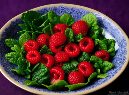 Fresh raspberries and mint leaves in a bowl on a purple backgroundの素材