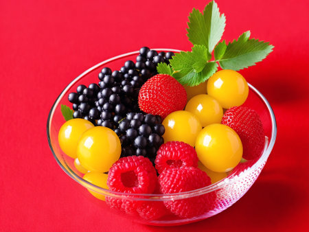 Mix of fresh berries in glass bowl on red background, closeupの素材
