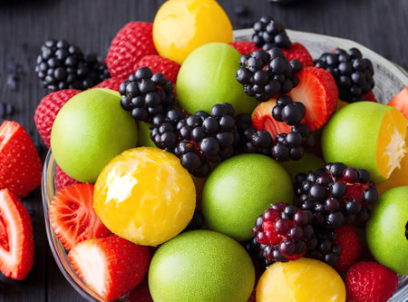 Fruit salad in a bowl on a wooden table, close-upの素材