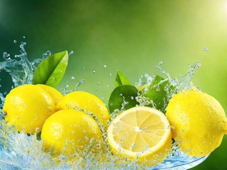 Fresh lemons with water splash on green background. Healthy food.の素材