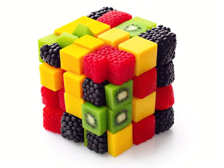 Fruit cube isolated on the white background. 3d illustration.の素材