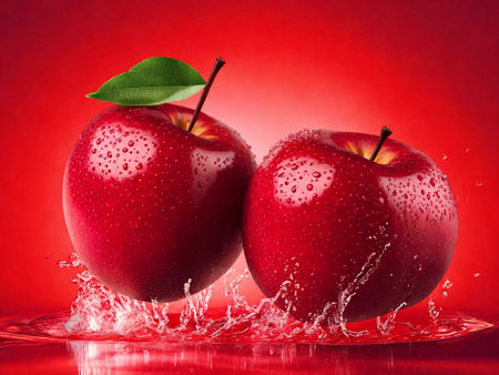 Fresh red apples with water splash on red background. Healthy food conceptの素材