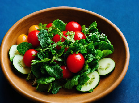 Fresh salad with cherry tomatoes, cucumbers and mint leaves on a blue backgroundの素材