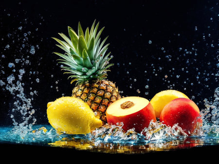 Fresh fruits with water splash on black background. Healthy food concept.の素材