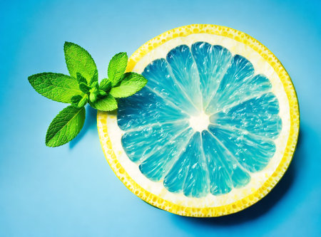Sliced lemon and mint leaves on blue background. Top viewの素材