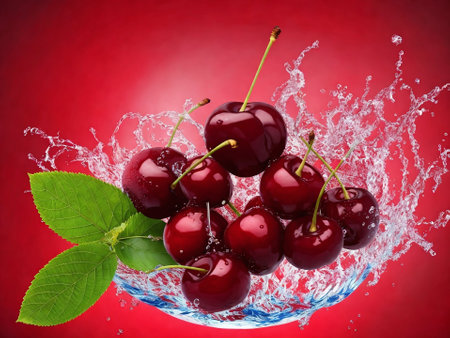 Cherries in water splashes on a red background with copy spaceの素材