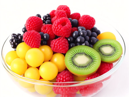 Mixed berries in glass bowl isolated on white background, close upの素材