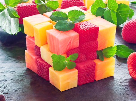 Fruit salad with melon, strawberries, raspberries and mintの素材