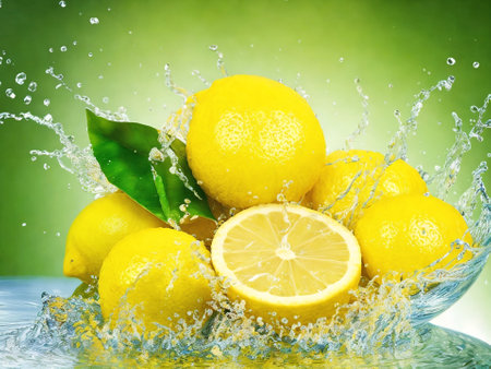 Lemons with water splash on green background. Citrus fruitの素材