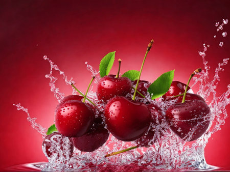 cherries with water splash on a red background. cherries in waterの素材