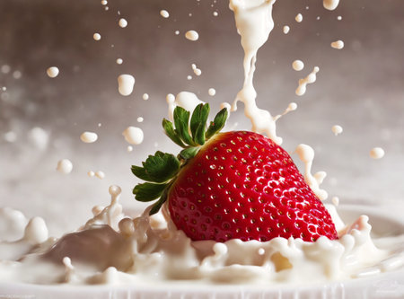strawberry falling into milk with splashes on a gray backgroundの素材