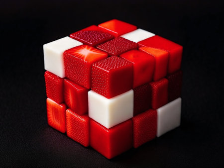 Red and white dice on a black background, close-up.の素材