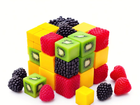 Fruit cube isolated on a white background. Fruit cubes in the form of a pyramid.の素材