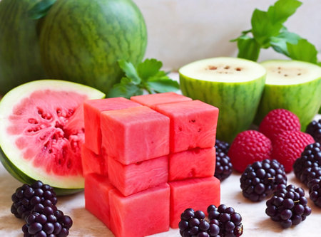 Watermelon with blackberries, raspberries and green melonの素材
