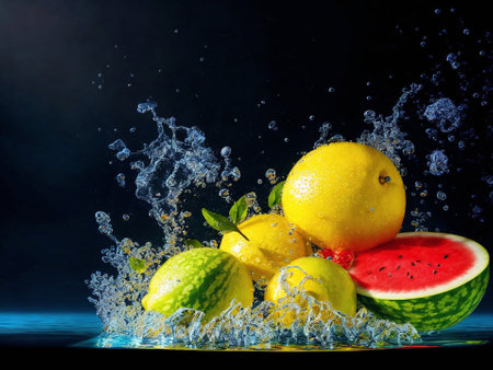 Water splashes and fruits on a dark background with water drops.の素材
