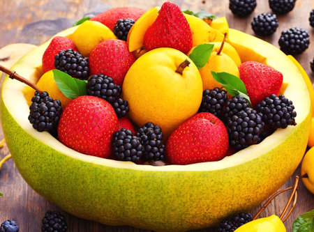 fruit salad in a bowl on a wooden table, food closeupの素材