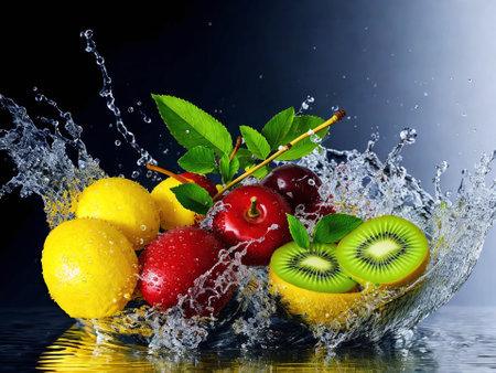 Fruit splashing in water on a dark background. Fresh fruitsの素材