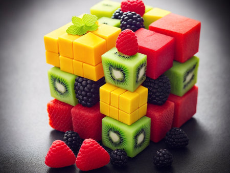 Fruit cube with blackberries, raspberries and kiwiの素材