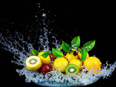 Fruit splashing in water on a black background. Healthy food.の素材
