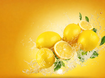 Lemons with water splash on yellow background. Vector illustration.の素材