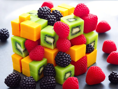 Fruit cube with kiwi, raspberries and blackberries on black backgroundの素材