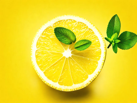 Lemon slice with mint leaves on yellow background, top view.の素材