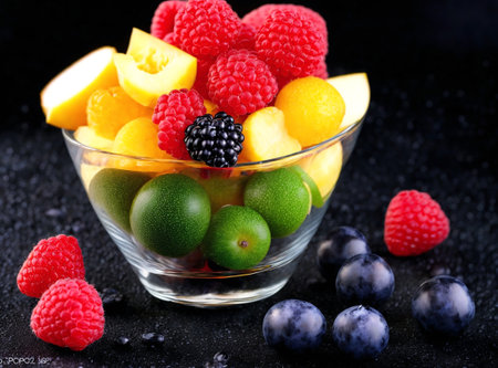 Fruit salad in a glass bowl with fresh berries on black backgroundの素材