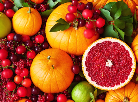 Autumn fruits and vegetables background. Top view. Flat lay.の素材