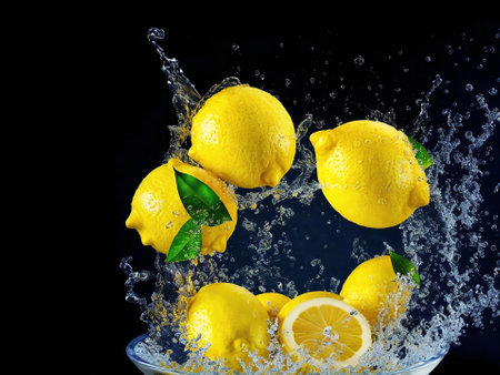 Lemons in water splash on black background. Fresh organic citrus fruit.の素材