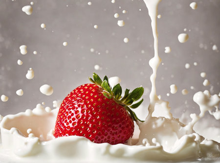 strawberry falling into milk with splashes on gray background.の素材