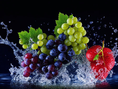 Grapes and strawberries with water splash on black background, closeupの素材