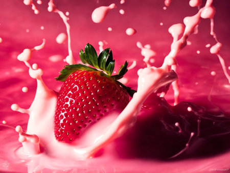 strawberry splashing in milk on a pink background. macroの素材