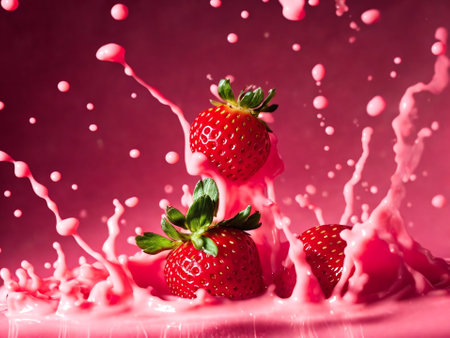 strawberry splashing on a pink background, food and drinkの素材