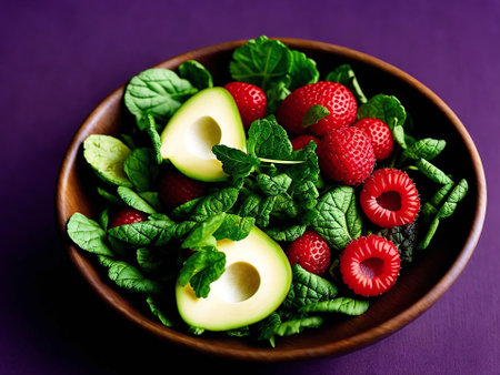 Healthy salad with strawberries, avocado and mint leaves in bowl on purple backgroundの素材