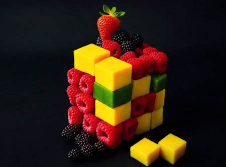 Pyramid made of fruits and berries on a black background. Healthy food concept.の素材