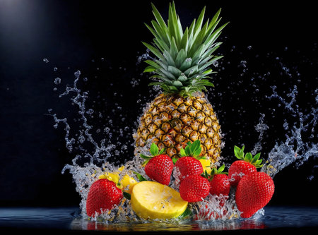 Pineapple, strawberries and pineapple in water splash on black backgroundの素材