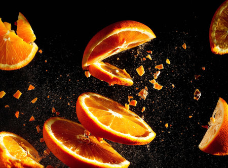 Slices of ripe orange flying in the air on a black backgroundの素材
