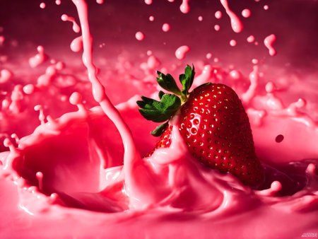 strawberry splashing into milkshake or juice, close upの素材