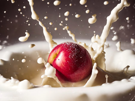 red apple falling into milk with splashes and drops on the surfaceの素材
