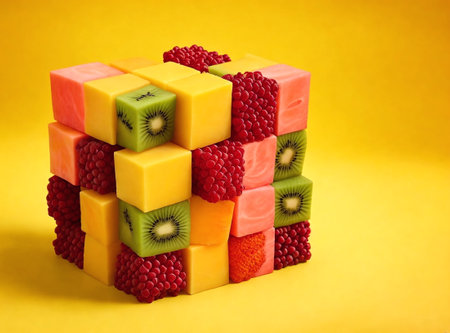 Fruit cube with kiwi and raspberries on yellow backgroundの素材
