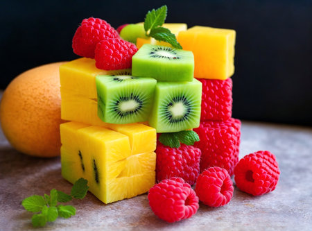 Fruit salad with mango, kiwi and raspberriesの素材