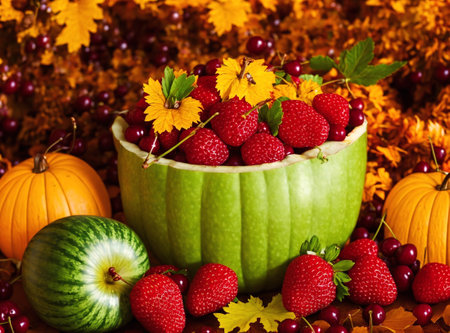 Autumn still life with berries in a bowl on a background of autumn leavesの素材