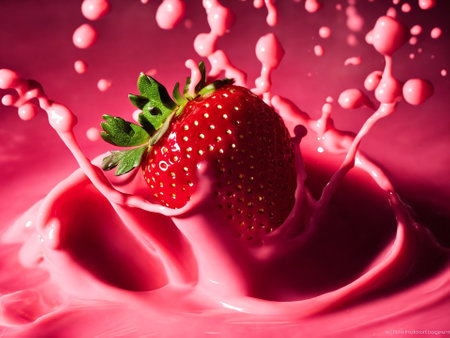 strawberry splashing into the milk, closeup of photoの素材