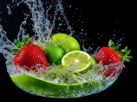 Fruit splashing in water on a black background. Isolatedの素材