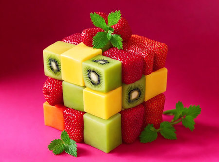 Fruit cube with strawberry, kiwi and mint on pink backgroundの素材