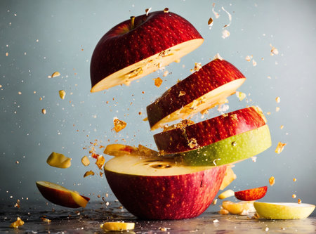 Falling apple pieces with splashes of juice on a grey backgroundの素材