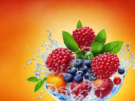 Fruit and berries in water splashes on orange background. Healthy foodの素材